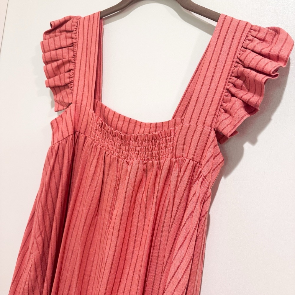 A New Day Linen Dress XS Red Orange Stripe Maxi Flutter Sleeve Bump Friendly - Picture 5 of 9